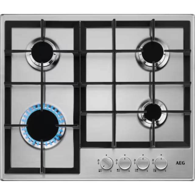 AEG HGE64200SM 
60cm Gas Hob, 4 burner gas hob with triple crown burner. Silver knob with black body
