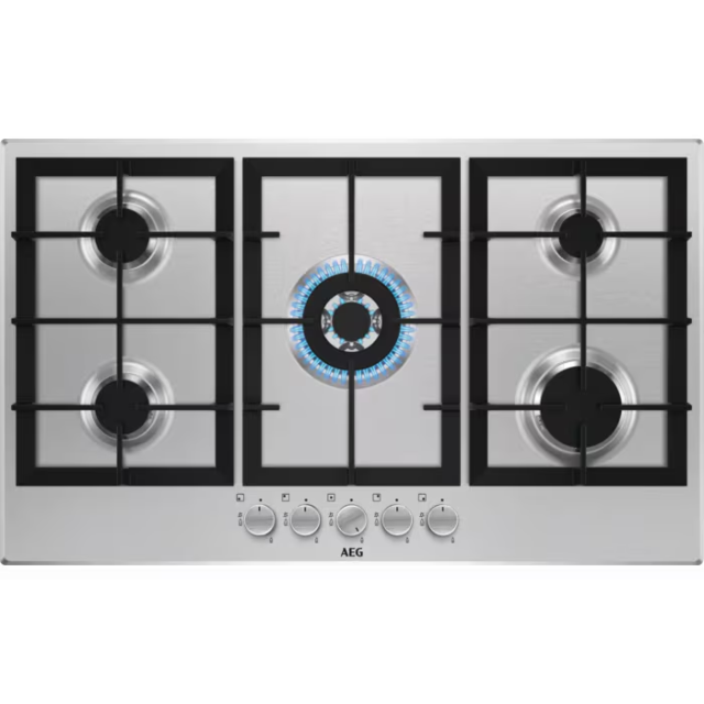 AEG HGX95320SM 
90cm Gas Hob, 5 burner gas hob with 1 triple crown burner. Black/Silver controls Cas