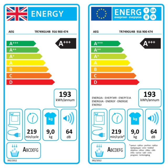 AEG TR749GU4B 
9kg Tumble dryer. 7000 Series, SensiDry technology. Easy iron, Bed linen and Refresh 