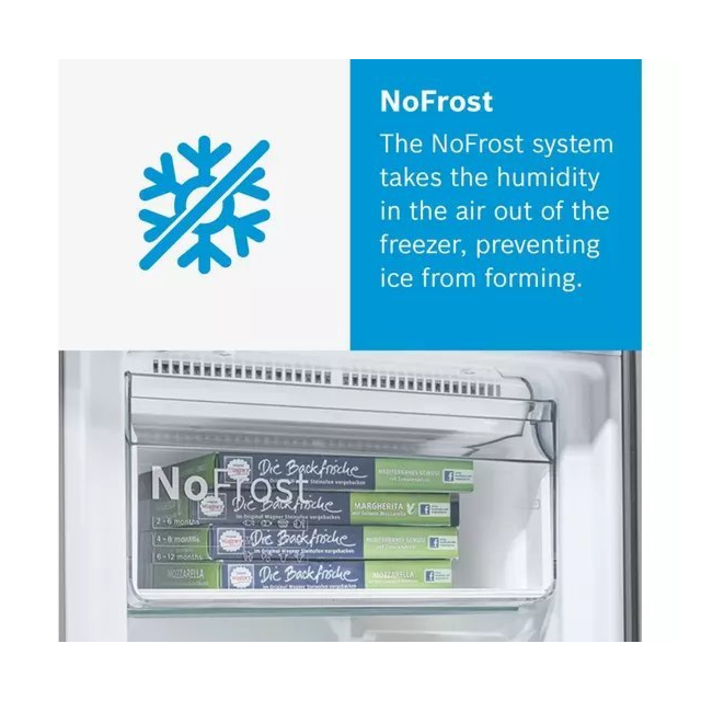 Bosch KGN34NLEAG 50/50 frost free fridge freezer with modern silver finish and efficient cooling technology.