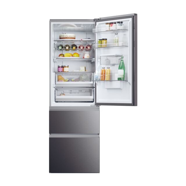Haier HTW5618EWMP 59.5Cm Frost Free 3D Fridge Freezer Dark Inox