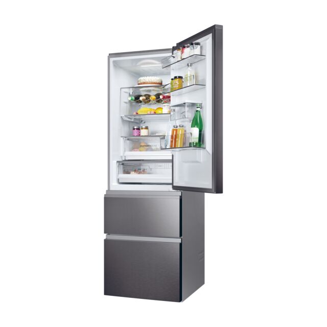 Haier HTW5618EWMP 59.5Cm Frost Free 3D Fridge Freezer Dark Inox