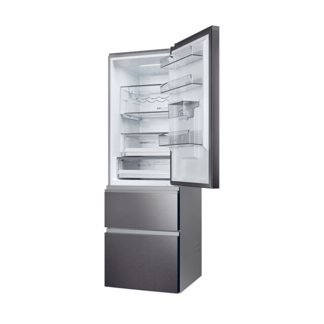 Haier HTW5618EWMP 59.5Cm Frost Free 3D Fridge Freezer Dark Inox
