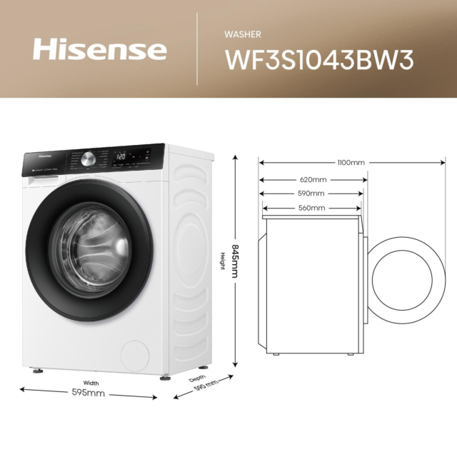 Hisense WF3S1043BW3 10.5kg 1400 Spin Washing Machine - White 