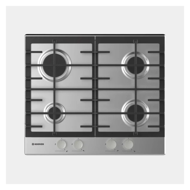 Hoover HHG6BRMX 60 cm Gas Hob, 4 burners, Front control, Cast Iron Pan Supports, Stainless Steel 