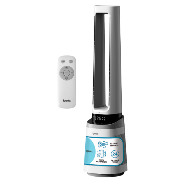 Igenix IGFD02549W 41 Inch Bladeless Fan With Air Purifier, 2-In-1 Cooling Tower Fan White