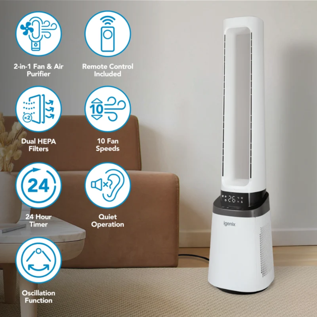 Igenix IGFD02549W 41 Inch Bladeless Fan With Air Purifier, 2-In-1 Cooling Tower Fan White