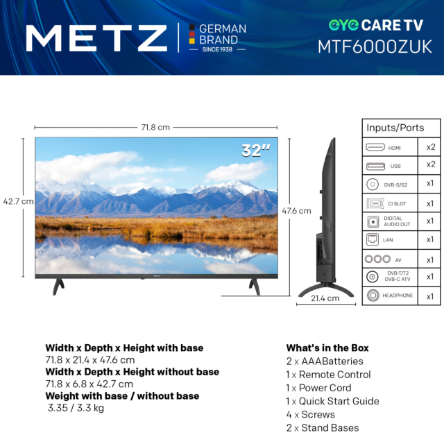 Metz 32MTF6000ZUK 32inch 2K DLED Smart TV - Black 