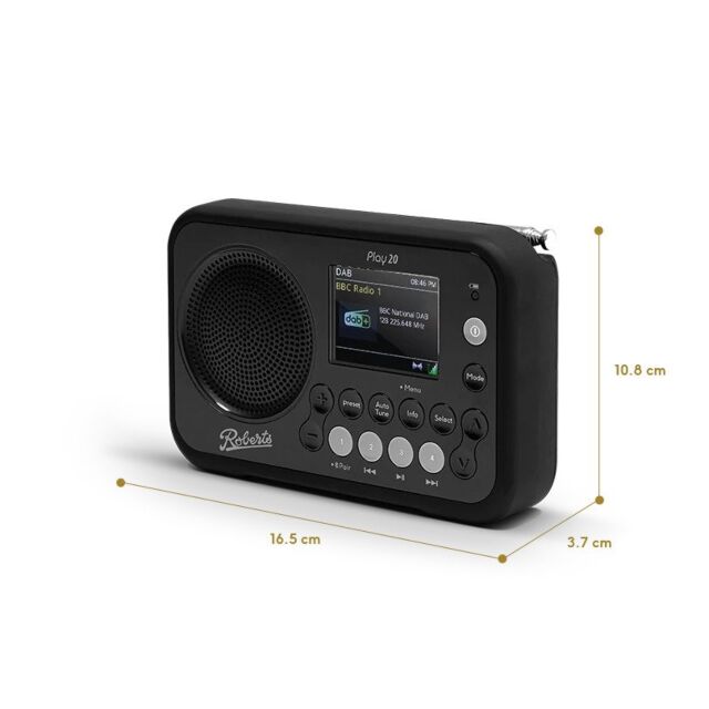 Roberts Radio PLAY 20BK DAB/DAB /FM RDS digital portable radio with Bluetooth colours in Black Black