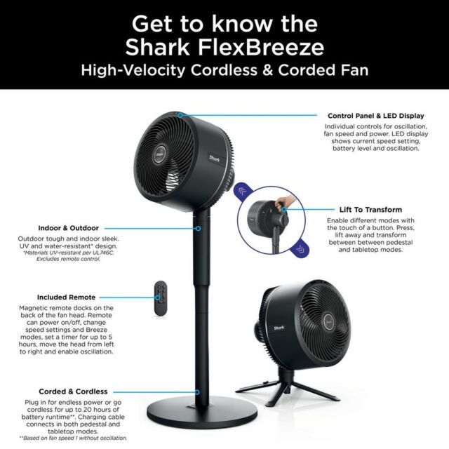 Shark FA220UK Flexbreeze High-Velocity Hybrid Cordless + Corded Fan Black