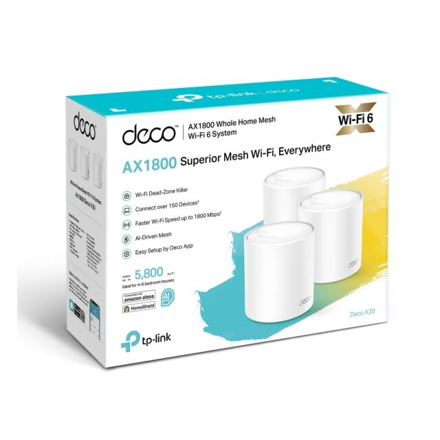 Tapo Smart DECO X20(3-PACK) Ax1800 Whole-Home Mesh Wi-Fi 6 System, 3 Pack 