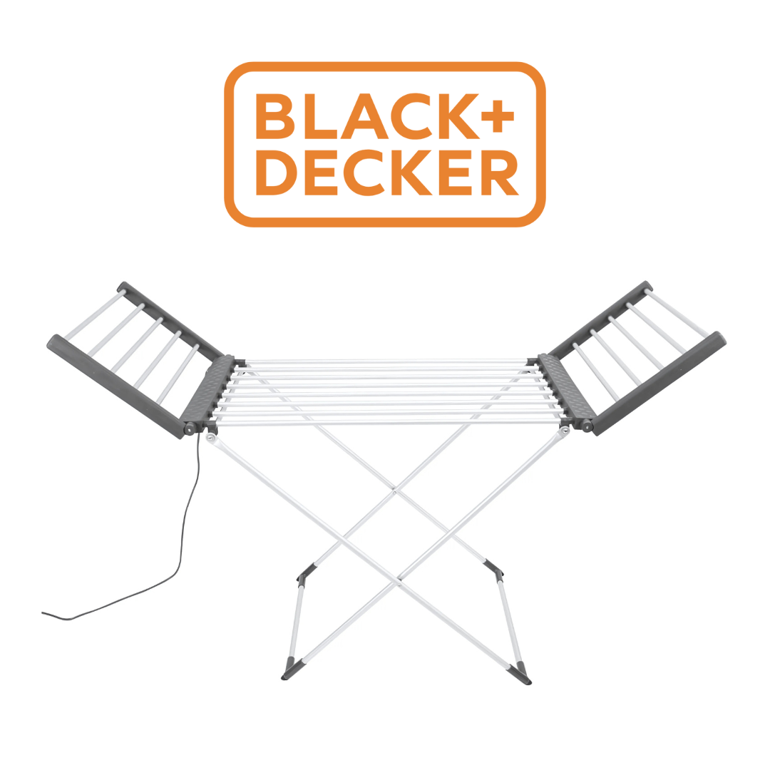 Black+Decker Foldable Heated Airer with Extendable Wings Black+Decker foldable heated airer with extendable wings and multiple drying rails, featuring a white frame and grey accents, connected with a power cord