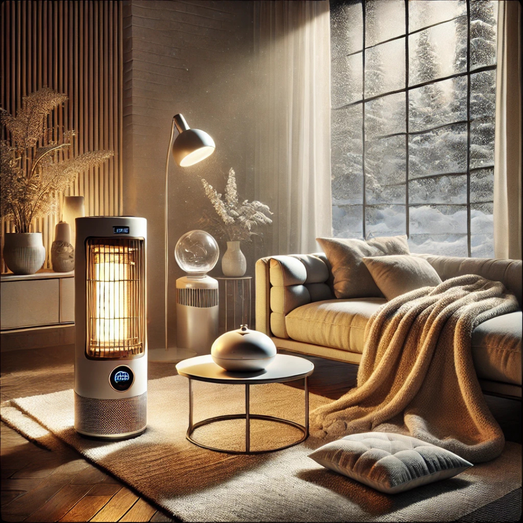  A cosy living room setup with a modern space heater glowing warmly, a plush sofa draped with a blanket, and a snow-covered landscape visible through large windows. The room is accented with elegant decor and soft lighting, highlighting essential winter c