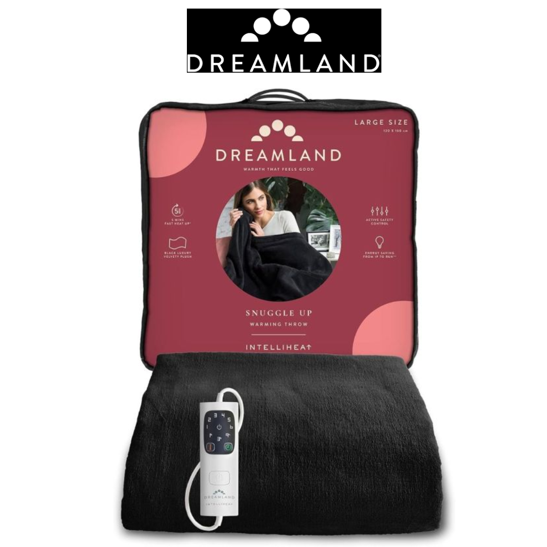 Dreamland Large Black Heated Blanket with Digital Controller and Packaging Display Dreamland large size heated blanket in black, with an attached digital controller, featuring a product packaging display with a model using the blanket.