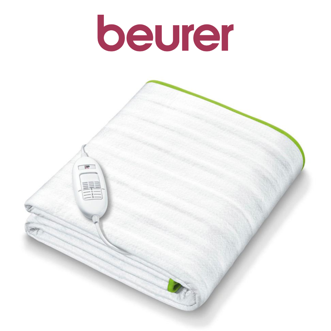 Beurer White Heated Blanket with Digital Controller Beurer white heated blanket with a soft, striped texture, lime green trim, and a single digital controller for customisable heat settings.
