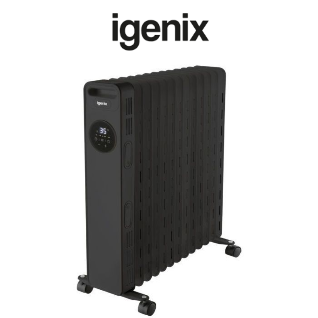 Igenix Black Oil-Filled Radiator with Digital Display and Adjustable Thermostat Igenix black oil-filled radiator with a sleek design, digital temperature display, adjustable thermostat, and caster wheels for easy mobility
