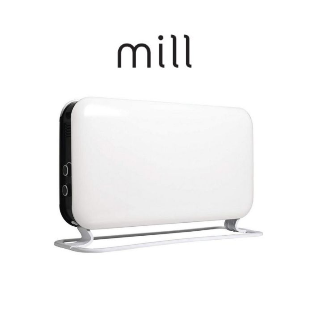 Mill White Convection Heater with Minimalist Design and Adjustable Controls Mill white convection heater with a minimalist curved design, adjustable controls on the side, and a sleek metal stand for stability