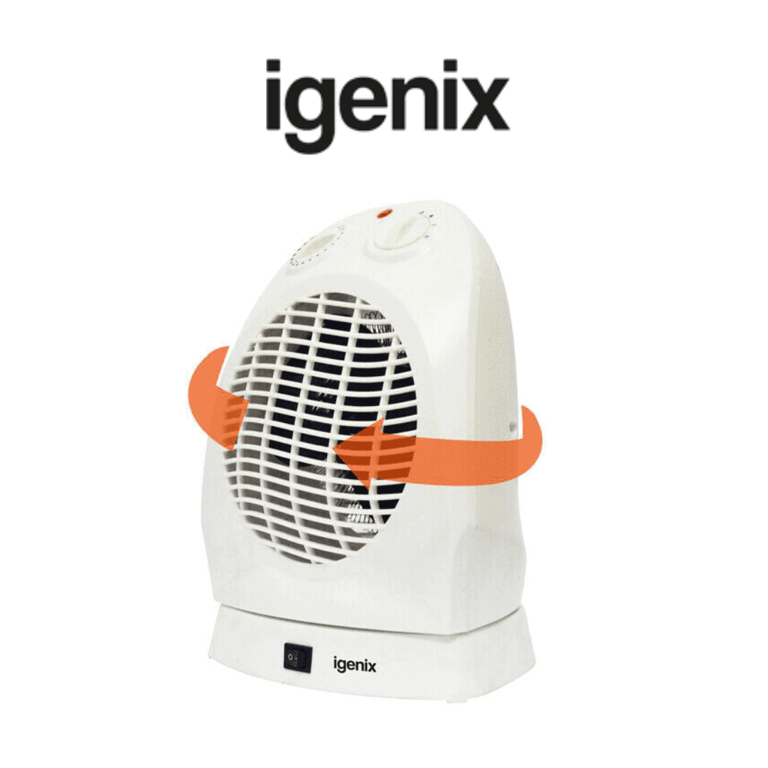 Igenix White Oscillating Fan Heater with Adjustable Controls Igenix white oscillating fan heater with a compact design, adjustable temperature and fan speed dials, and an oscillation feature indicated by orange arrows