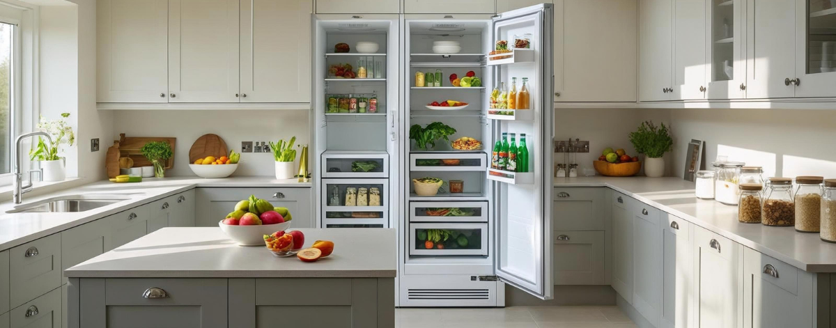 Open fridge in a contemporary kitchen stocked with fresh produce and beverages. Modern kitchen with an open double-door fridge filled with fresh fruits, vegetables, drinks, and prepared meals. The kitchen features light grey cabinets, a central island with a fruit bowl, and neatly organised jars on the countertop.