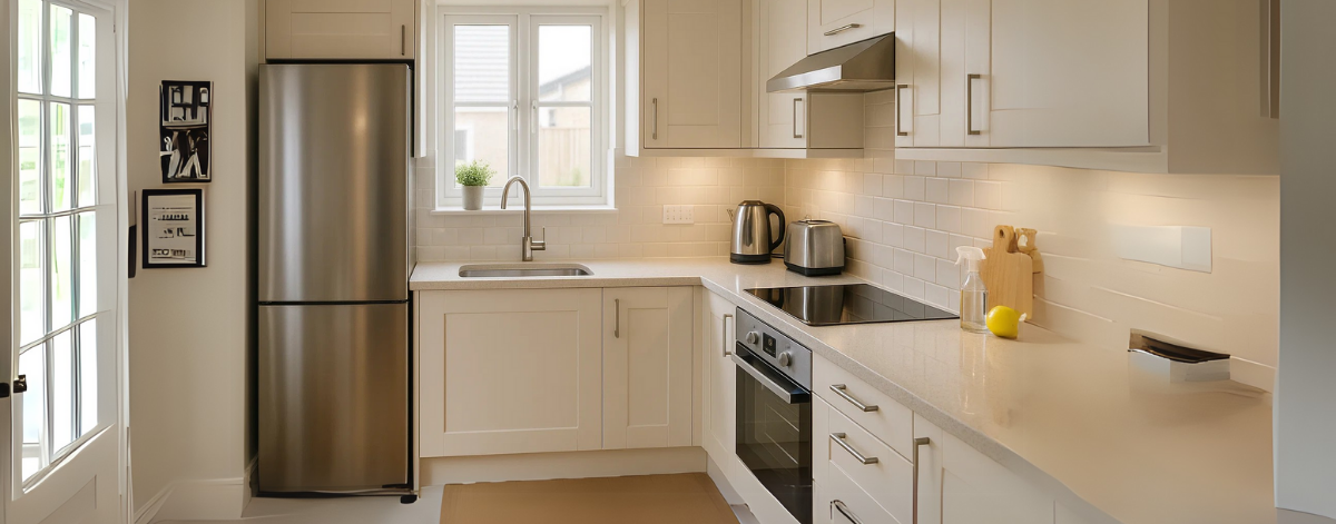 Contemporary kitchen with stainless steel appliances and clean, minimalist design. Modern cream-coloured kitchen with a stainless steel fridge, electric hob, built-in oven, and minimalistic decor. The space features white tiled splashbacks, under-cabinet lighting, and a window above the sink.