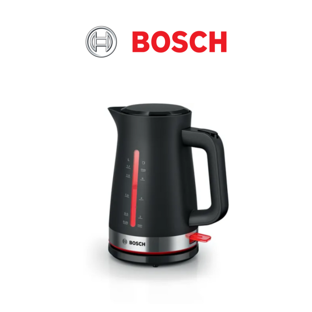 Bosch Black Electric Kettle with Water Level Indicator and Stainless Steel Base Bosch black electric kettle with a sleek design, red accent details, a water level indicator, ergonomic handle, and stainless steel base