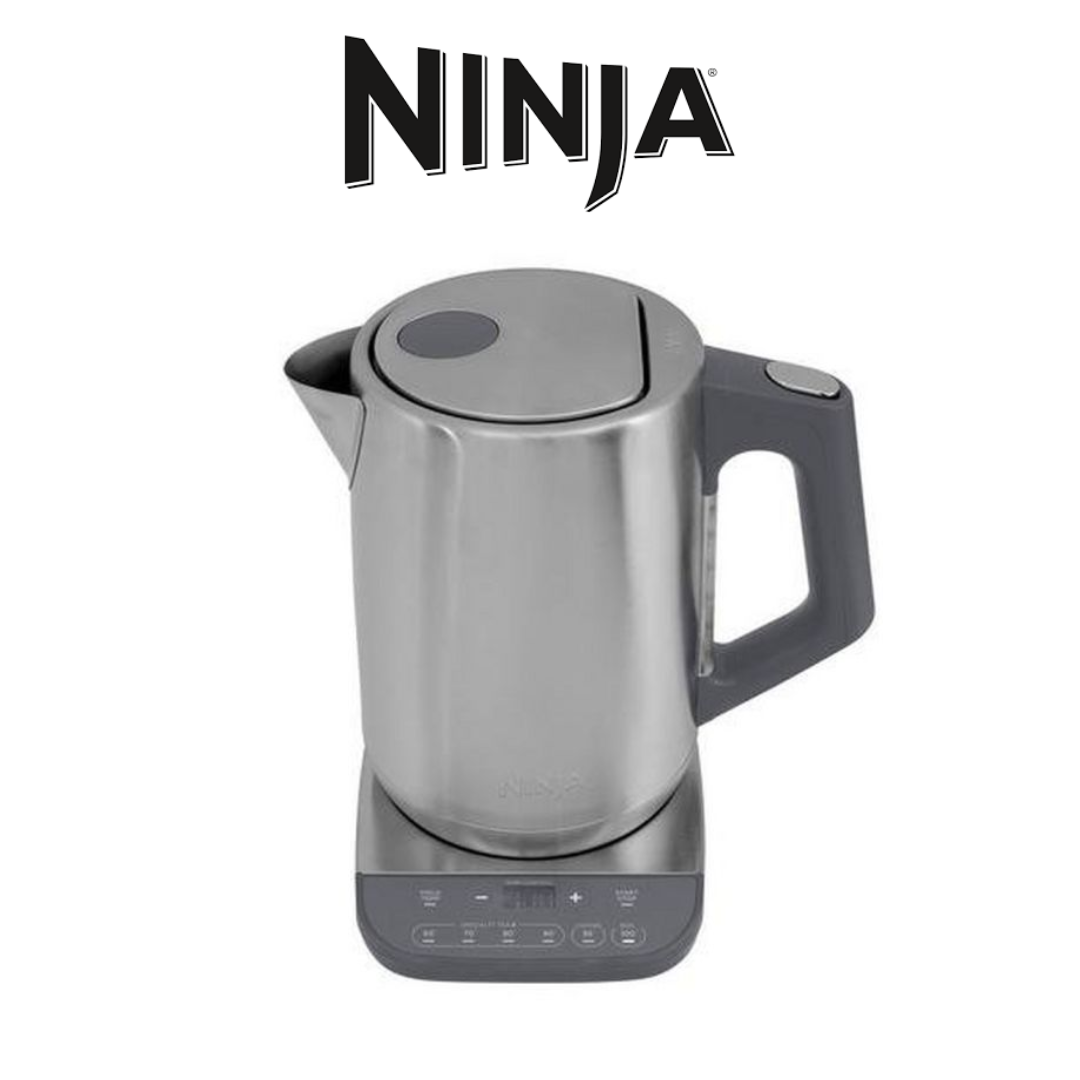 Ninja Stainless Steel Electric Kettle with Digital Temperature Control Base Ninja stainless steel electric kettle with a modern design, digital base for temperature control, grey accents, and a transparent water level indicator on the handle.