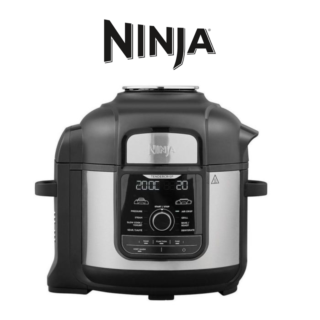 Ninja Multi-Function Cooker with Digital Control Panel and Multiple Cooking Options "Ninja multi-function cooker with a sleek black and stainless steel design, featuring a digital control panel, multiple cooking options such as pressure, air crisp, grill, and slow cook, and side handles for portability