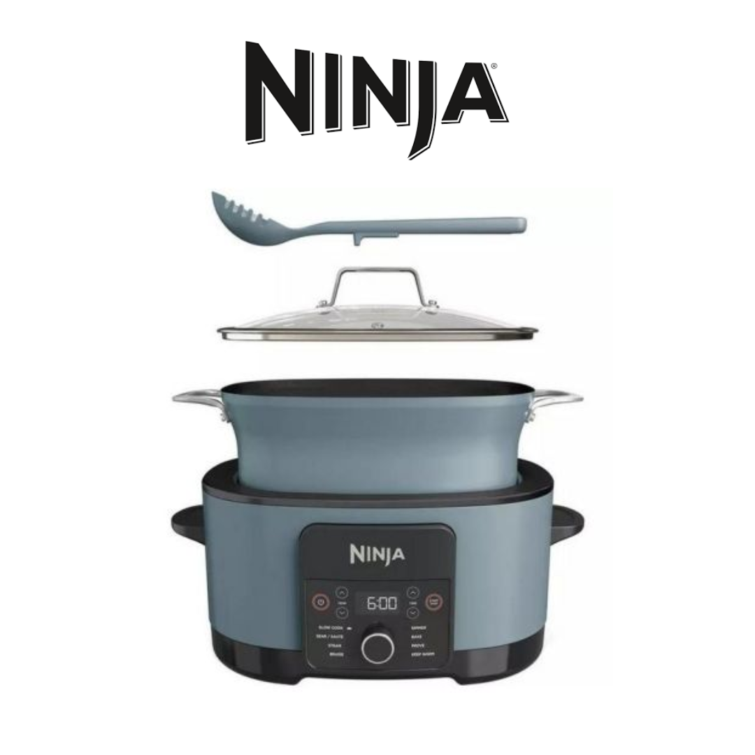 Ninja Multi-Purpose Cooking System with Digital Controls and Accessories Ninja multi-purpose cooking system with a grey pot, clear glass lid, matching serving spoon, and a digital control panel offering various cooking options, including slow cooking and steaming